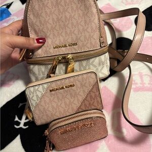 Michael Kors Blush and Beige Backpack Set